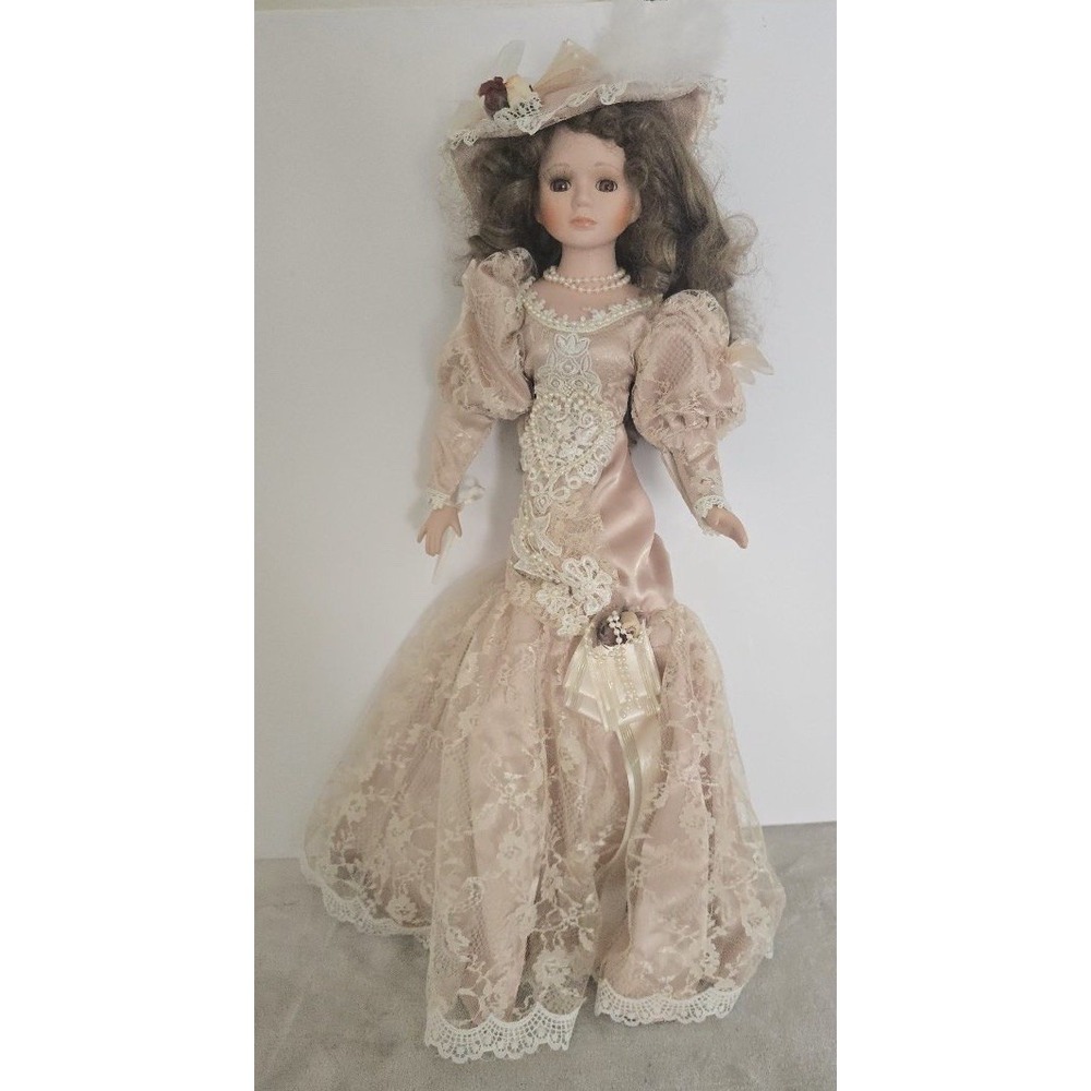 Porcelain Doll Victorian Style Pink Cream Dress Hat 22"